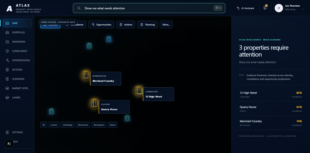 Atlas fictional attention view showing property evidence requiring review